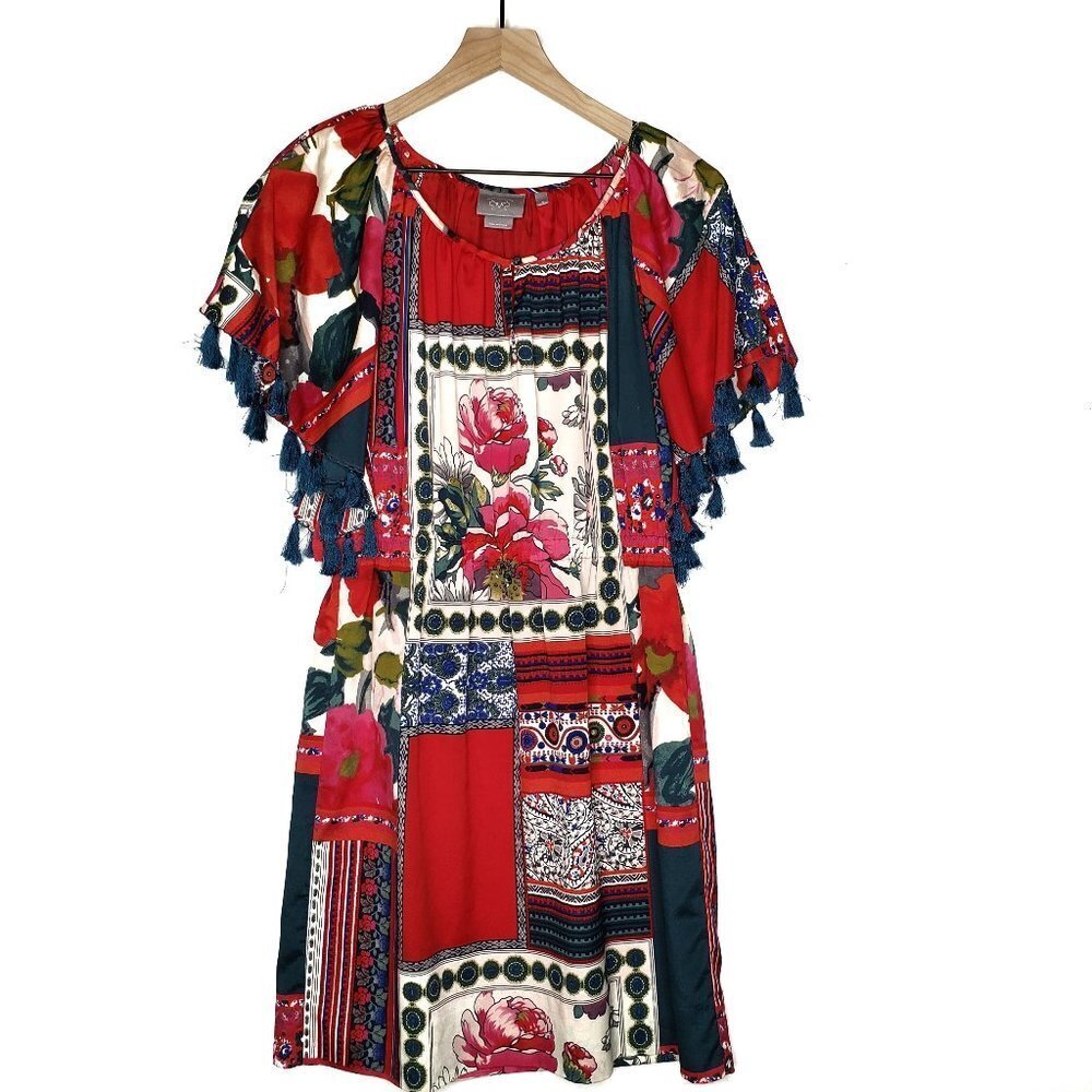 Vanessa Virginia Persian Rose Tassel Dress M Red Ivory Anthro Short Sleeve